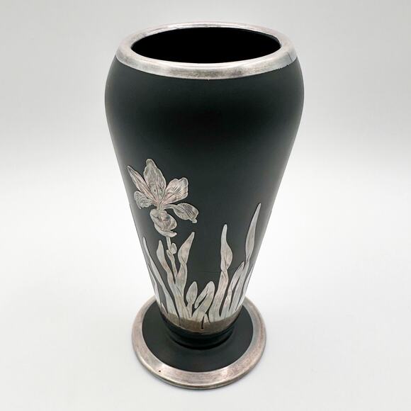 Vintage Black Satin Glass Vase with Sterling Silver Iris Overlay Art Deco Style - Picture 7 of 13